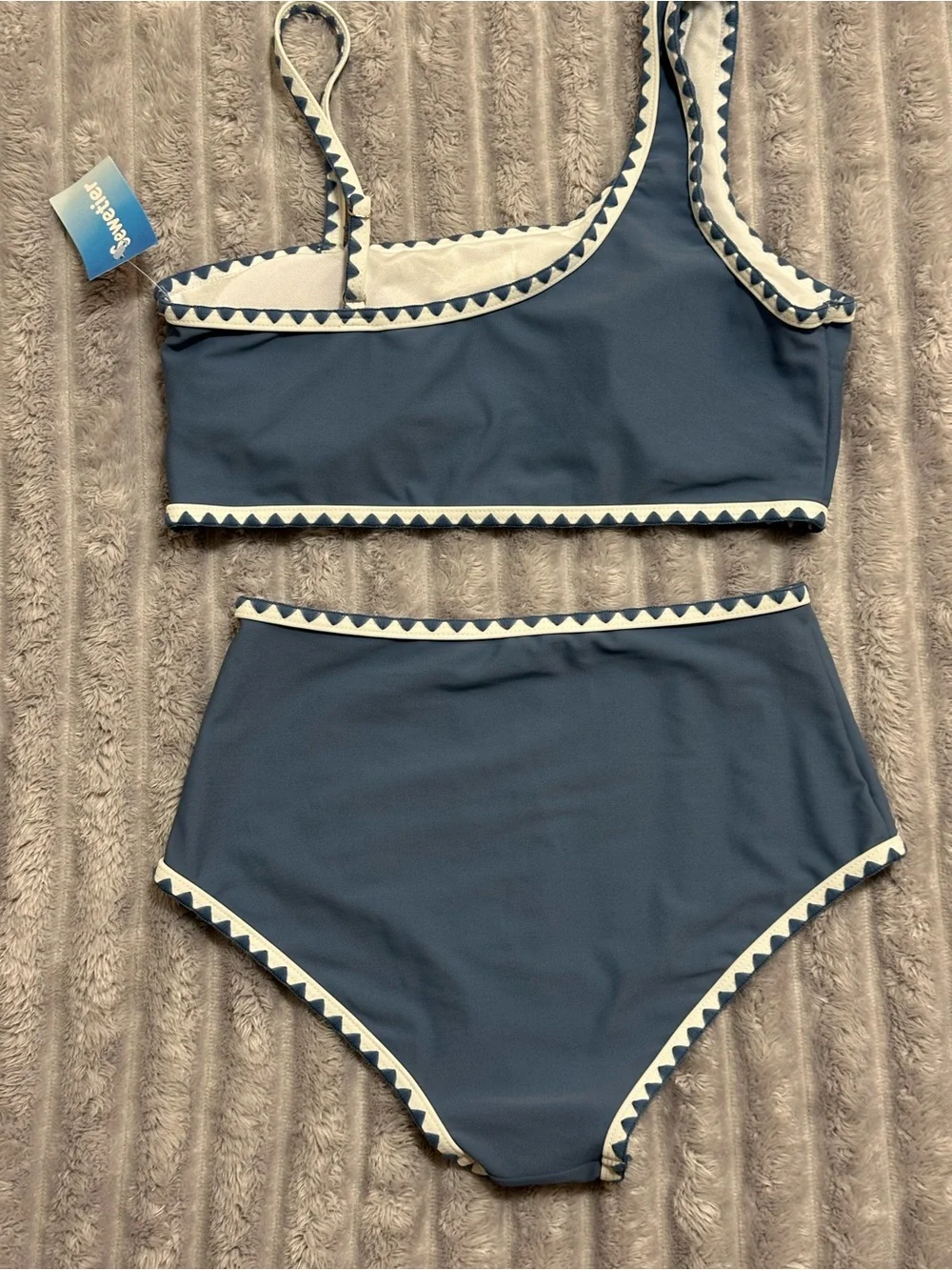 Girls' Navy High-Waist Bikini with Cream Trim